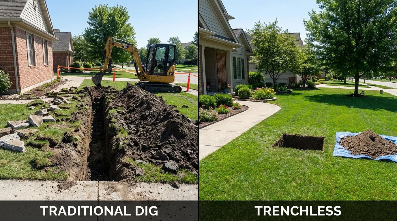 Trenchless sewer repair with minimal yard damage versus traditional excavation in Flowood, MS